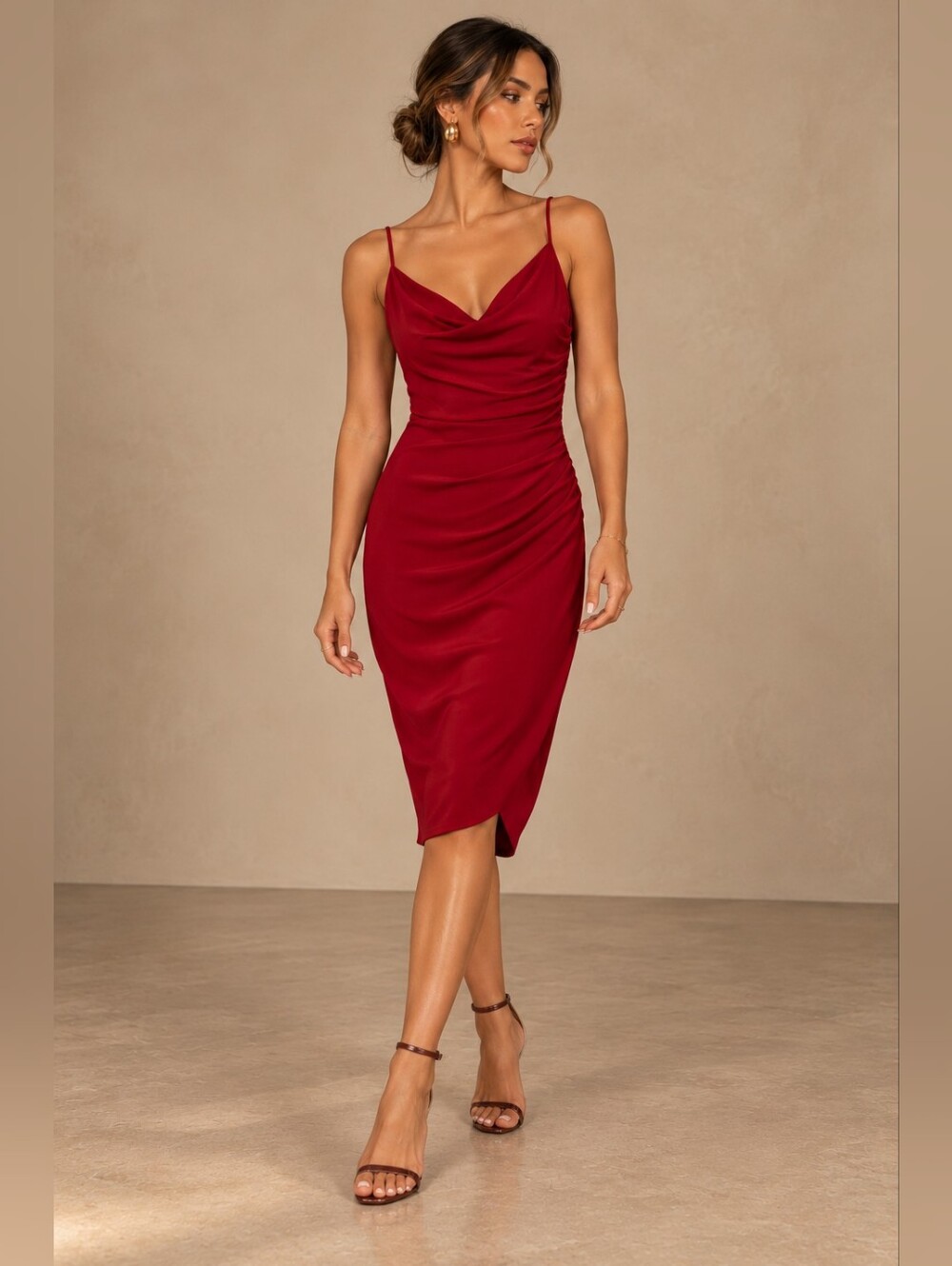 Laundry By Shelli Segal Red Cowl-Neck Midi Slip Dress